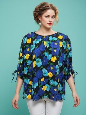Zara Basic Floral Ruched Sleeve Blouse Size XS